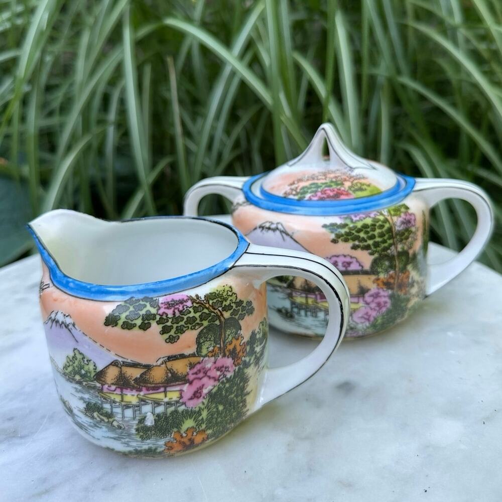 Vintage porcelain Village Scene Sugar/Creamer Set Japan luster tea party Asian